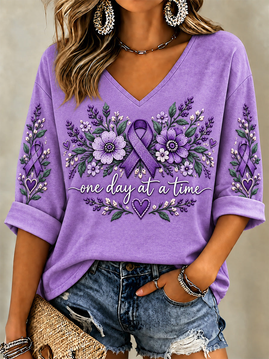 Women's Purple Floral & Alzheimer's Awareness Support Print V-Neck Tee gracestitchs
