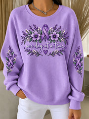 Women's Purple Floral & Alzheimer's Awareness Support Print Ribbed Round-Neck Sweatshirt gracestitchs