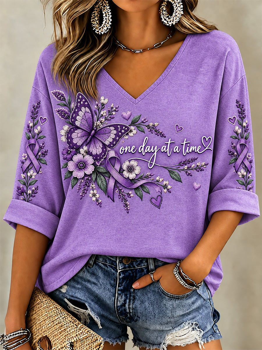 Women's Purple Floral & Alzheimer's Awareness Support Print V-Neck Tee gracestitchs
