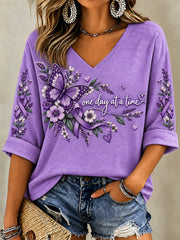 Women's Purple Floral & Alzheimer's Awareness Support Print V-Neck Tee gracestitchs