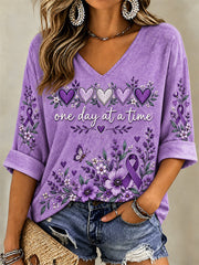 Women's Purple Floral & Alzheimer's Awareness Support Print V-Neck Top gracestitchs