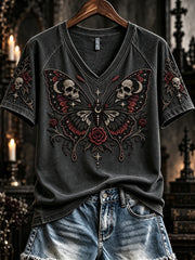 Women's Vintage Gothic Skull Butterfly Print V-neck Short-sleeved T-shirt gracestitchs