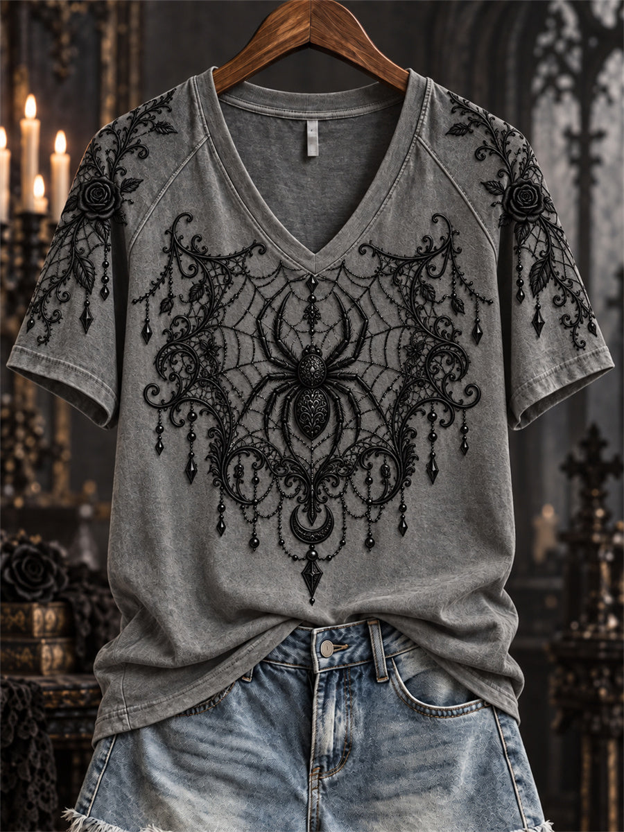 Women's Halloween Gothic Spider & Spiderweb Lace Art Print short-sleeved T-shirt gracestitchs