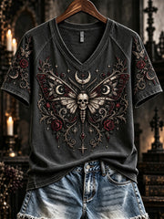 Women's Vintage Gothic Skull Butterfly Print V-neck Short-sleeved T-shirt gracestitchs