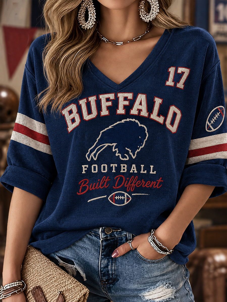 Women's Football Lover Bulls Be Good Art Printed Mid-length Sleeves V-Neck T-Shirt gracestitchs