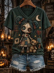 Women's Halloween Creepy Dolls Print Casual V-Neck Tee gracestitchs