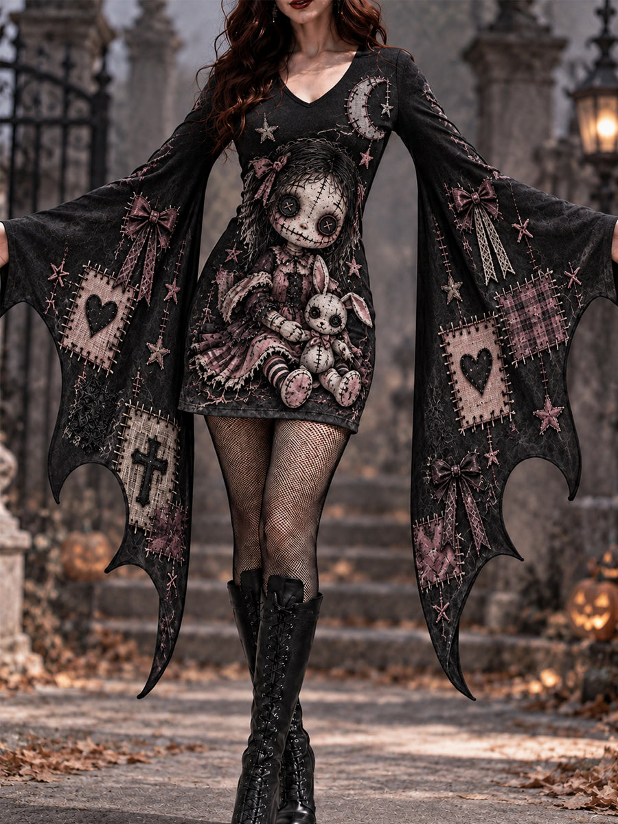 Women's Halloween Creepy Dolls Patchwork Print Bat Sleeve Dress gracestitchs