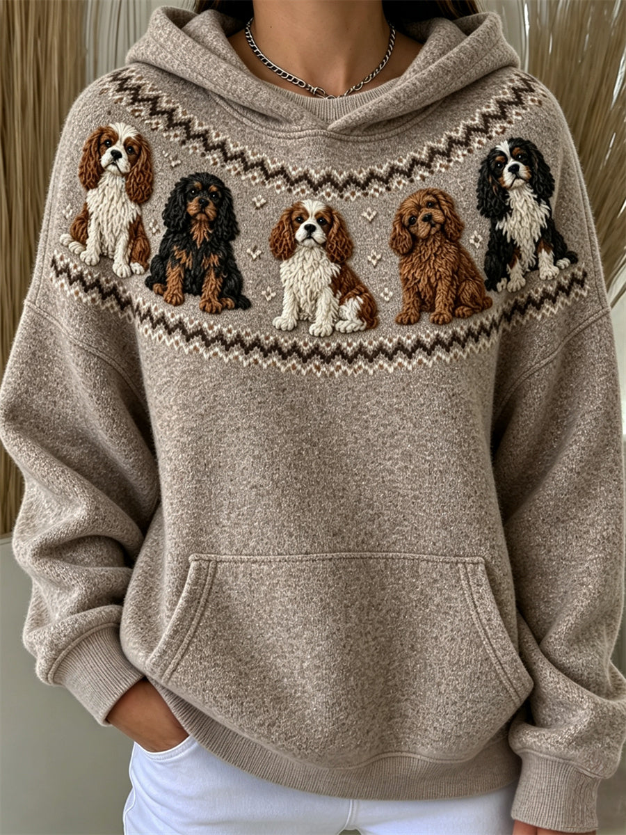 Women's Vintage Cavalier Dogs Yoke Isle Print Hoodie gracestitchs