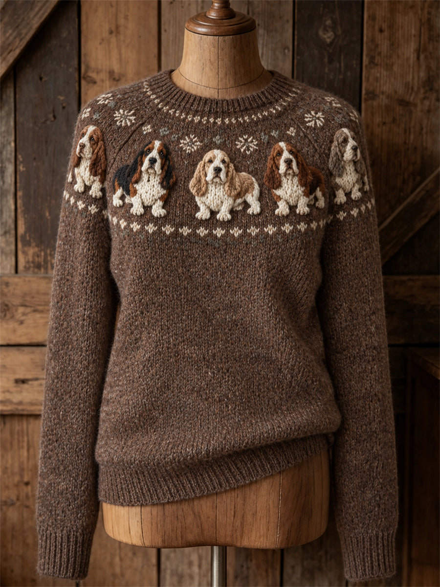 Women's Vintage Basset Hound Dogs Yoke Isle Print crew neck sweater gracestitchs
