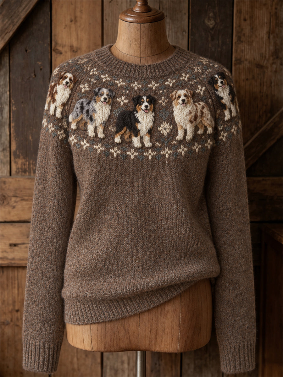 Women's Vintage Australian Shepherd Dogs Yoke Isle Print crew neck sweater gracestitchs