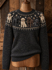 Women's Vintage Cute Labrador Retriever & Paws Print Long-sleeved Sweater gracestitchs