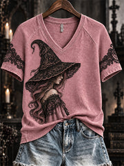 Women's Halloween Gothic Witch Lace Art Print short-sleeved T-shirt gracestitchs