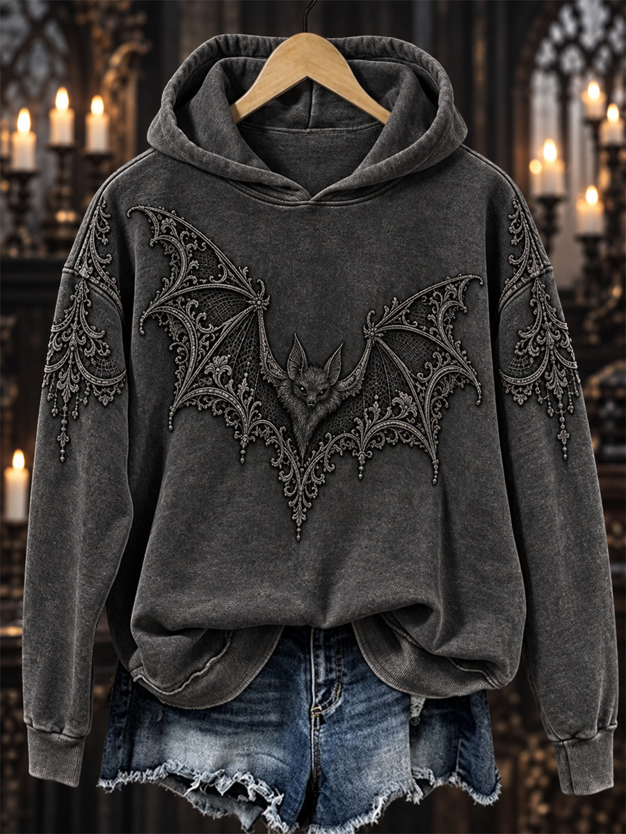 Women's Halloween Gothic Lace Bat Art Print Cozy Hoodie gracestitchs