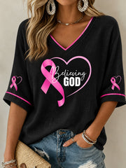 Women's Breast Cancer Awareness Pink Ribbon Support Mid-length Sleeves V-Neck T-Shirt gracestitchs