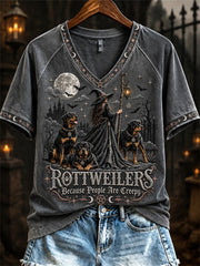Women's Rottweilers Because People Are Creepy Halloween Witch & Dogs Print short-sleeved T-shirt gracestitchs