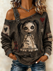 Women's Halloween Creepy Dolls Patchwork Print Casual Off-Shoulder Sweatshirt gracestitchs