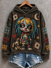 Women's Halloween Creepy Dolls Patchwork Print Casual Hoodie gracestitchs