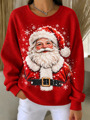 Women's Santa Claus Print Casual Ribbed Round-Neck Sweatshirt gracestitchs
