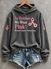 Women's In October We Wear Pink Pink Ribbon Print Hooded Sweatshirt gracestitchs