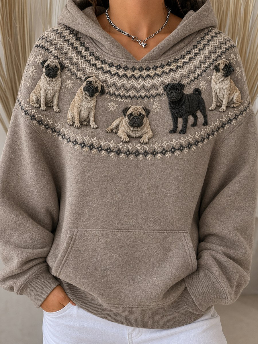 Women's Vintage Pug Dogs Yoke Isle Pattern Print Cozy Oversize Hoodies gracestitchs