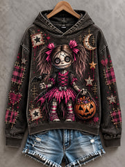 Women's Halloween Creepy Dolls Patchwork Print Casual Off-Shoulder Sweatshirt gracestitchs