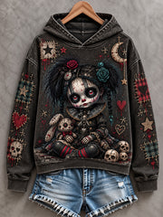 Women's Halloween Creepy Dolls Patchwork Print Casual Off-Shoulder Sweatshirt gracestitchs
