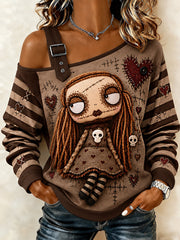 Women's Halloween Creepy Dolls Print Casual Off-Shoulder Sweatshirt gracestitchs