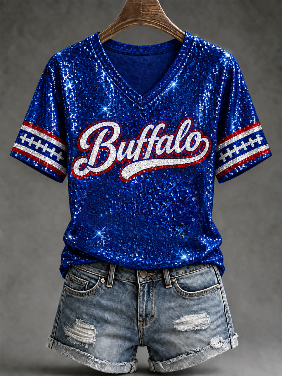 Women's Football Lover Buffalo Print V-Neck Tee gracestitchs