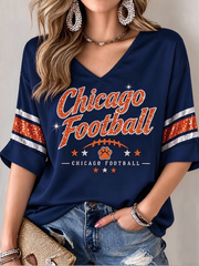 Women's Football Gameday Gift For Football Fans Mid-length Sleeves V-Neck T-Shirt gracestitchs