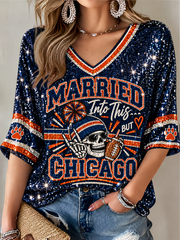 Women's Football Gameday Gift For Football Fans Mid-length Sleeves V-Neck T-Shirt gracestitchs