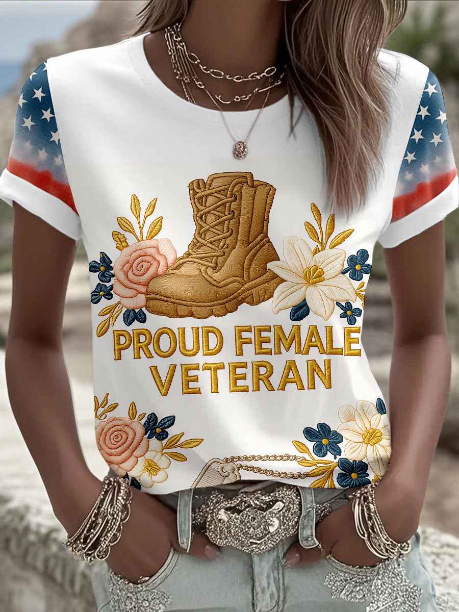 Women's Proud Female Veteran Floral Print T-Shirts