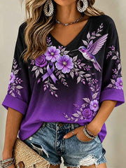 Women's Purple Floral & Hummingbird Print Alzheimer's Awareness Support V-Neck Tee