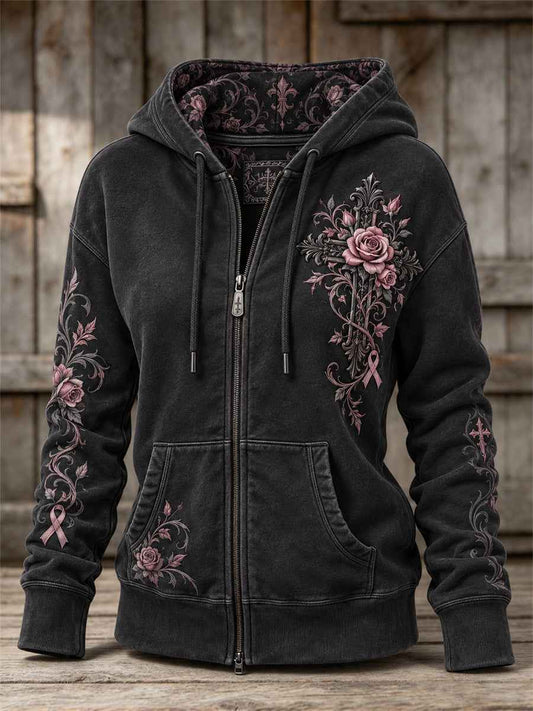 Women's Vintage Pink Ribbon Gothic Cross Roses Floral Art Print Full Zip Hoodie