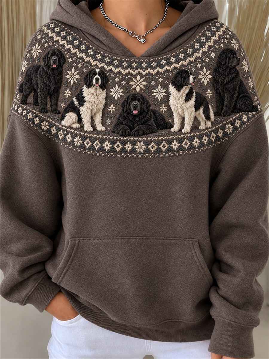 Women's Vintage Newfoundland Dogs Yoke Isle Pattern Print Hoodie