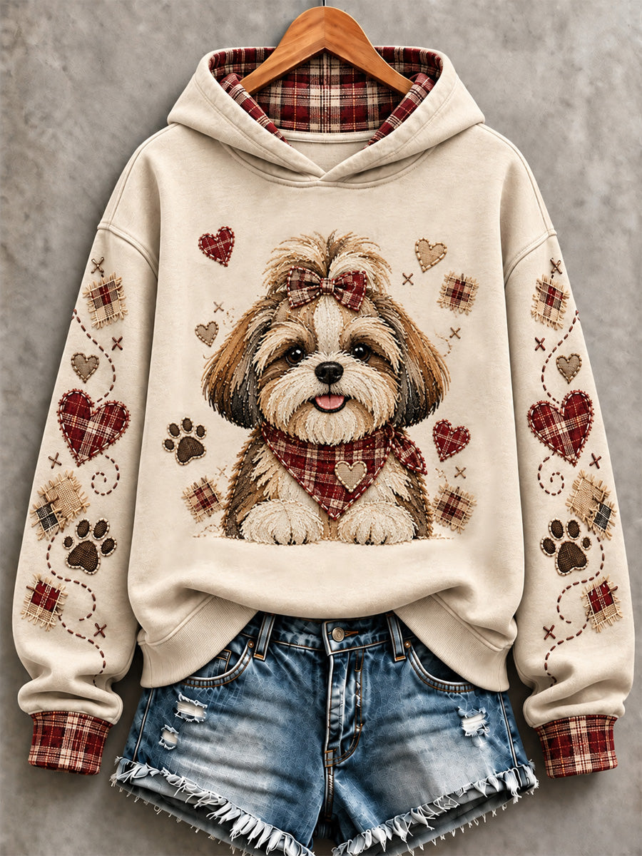Women's Cute Patchwork Dog Print Hoodie gracestitchs