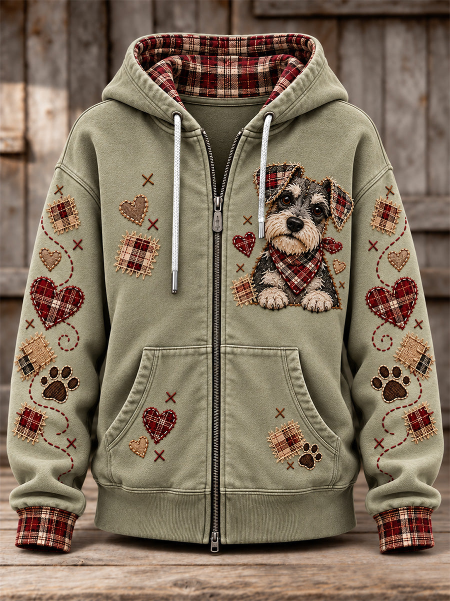 Women's Cute Patchwork Dog Print Zip-Up Hoodie gracestitchs