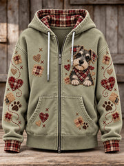 Women's Cute Patchwork Dog Print Zip-Up Hoodie gracestitchs