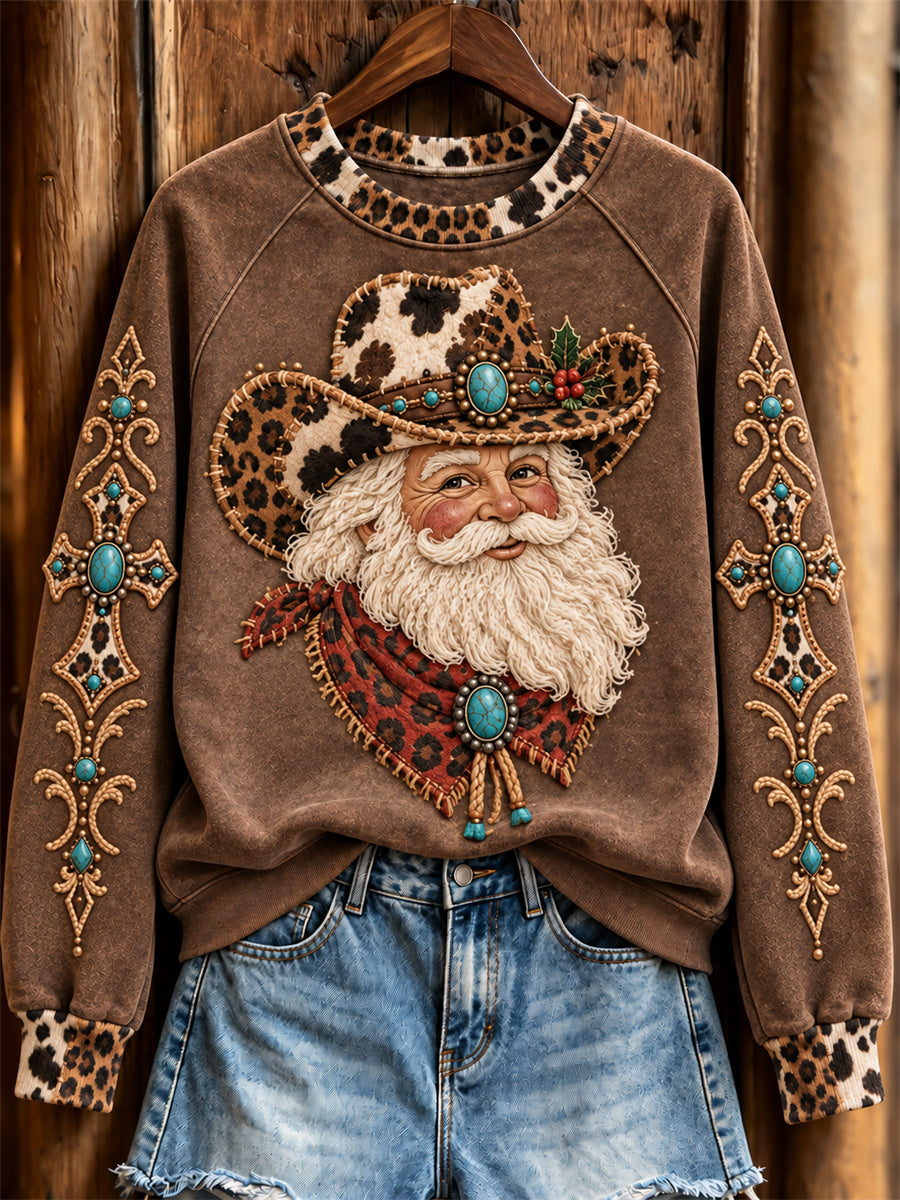 Women's Christmas Western Cowboy Santa Claus & Cross Print raglan sleeve sweatshirt gracestitchs