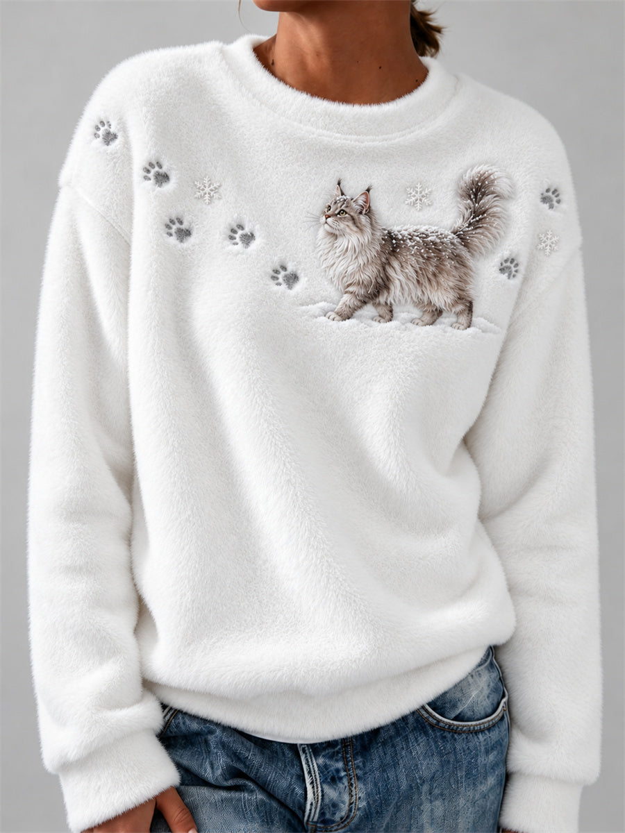 Women's Maine Coon Cat in the Snow Paw Prints & Snowflakes Print Cozy Flannel Sweatshirt gracestitchs