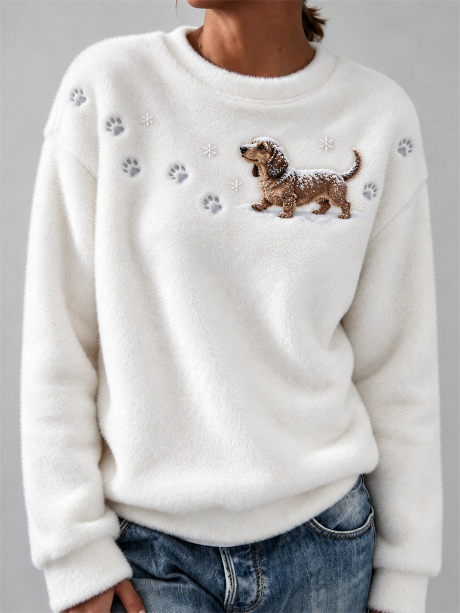 Women's Dachshund Dog in the Snow Paw Prints & Snowflakes Print Cozy Flannel Sweatshirt gracestitchs