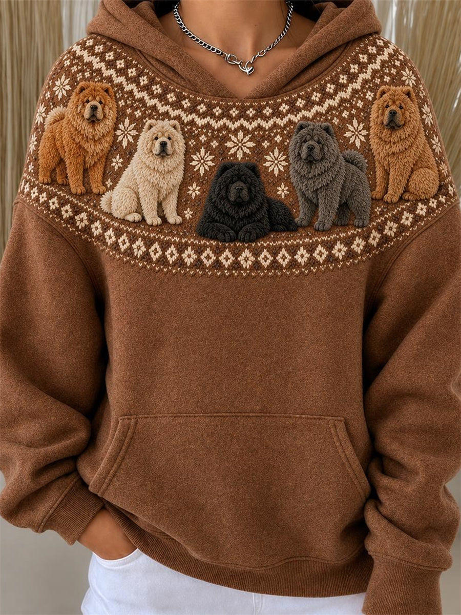 Women's Vintage Chow Chow Dogs Yoke Isle Pattern Print Hoodie gracestitchs