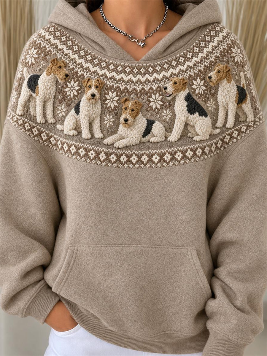 Women's Vintage Wire Fox Terrier Dogs Yoke Isle Pattern Print Hoodie gracestitchs