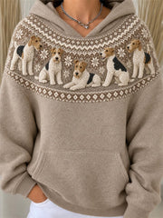 Women's Vintage Wire Fox Terrier Dogs Yoke Isle Pattern Print Hoodie gracestitchs