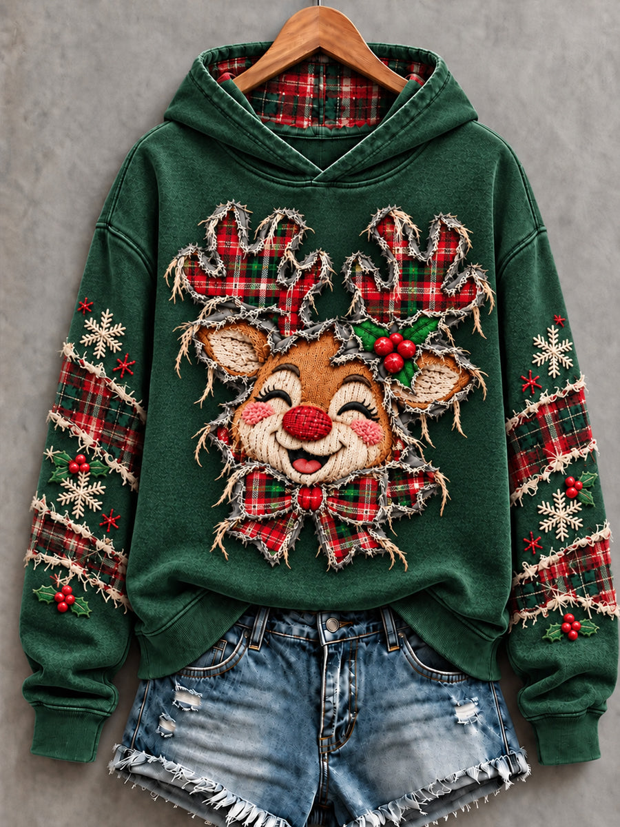Women's Christmas Elk Art Printed Hoodie gracestitchs