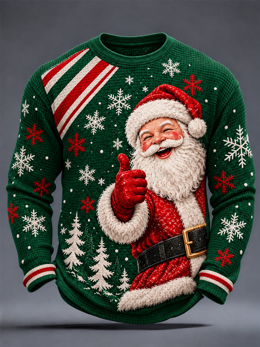 Men's Christmas Santa Claus Art Printed Waffle Long Sleeve T-Shirt gracestitchs