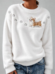 Women's Corgi Dog in the Snow Paw Prints & Snowflakes Print Cozy Flannel Sweatshirt gracestitchs