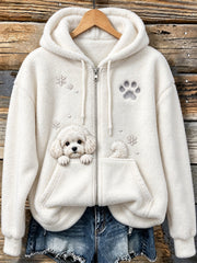 Women's Cute Peeking Bichon Frise Dog & Paw Print Cozy Flannel Jacket gracestitchs