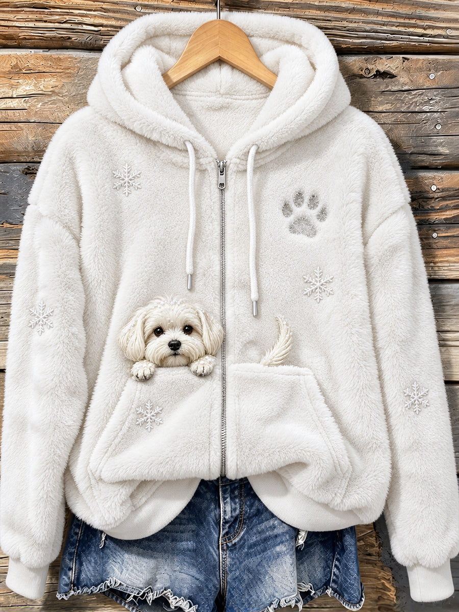 Women's Cute Peeking Maltese Dog & Paw Print Cozy Flannel Jacket gracestitchs