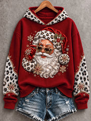 Women's Christmas Santa Claus Leopard Print Casual Hoodie gracestitchs