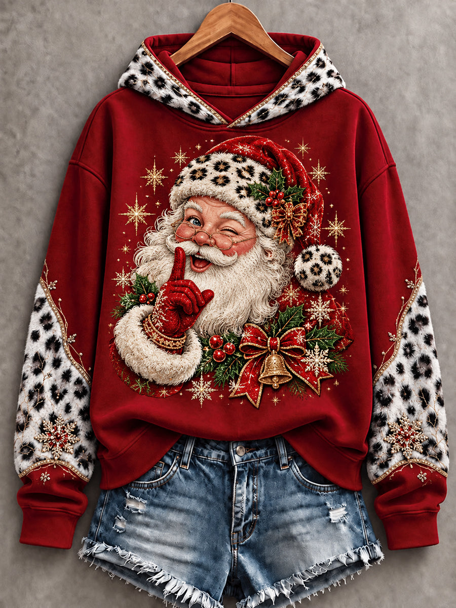 Women's Christmas Santa Claus Leopard Print Casual Hoodie gracestitchs